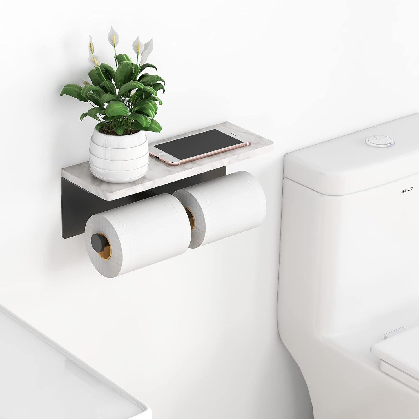 Toilet Paper Holder with Shelf, New Upgrade Double Toilet Paper Holder with Storage, Marble Roll Toilet Paper Wall Mount for Bathroom Washroom(Black)