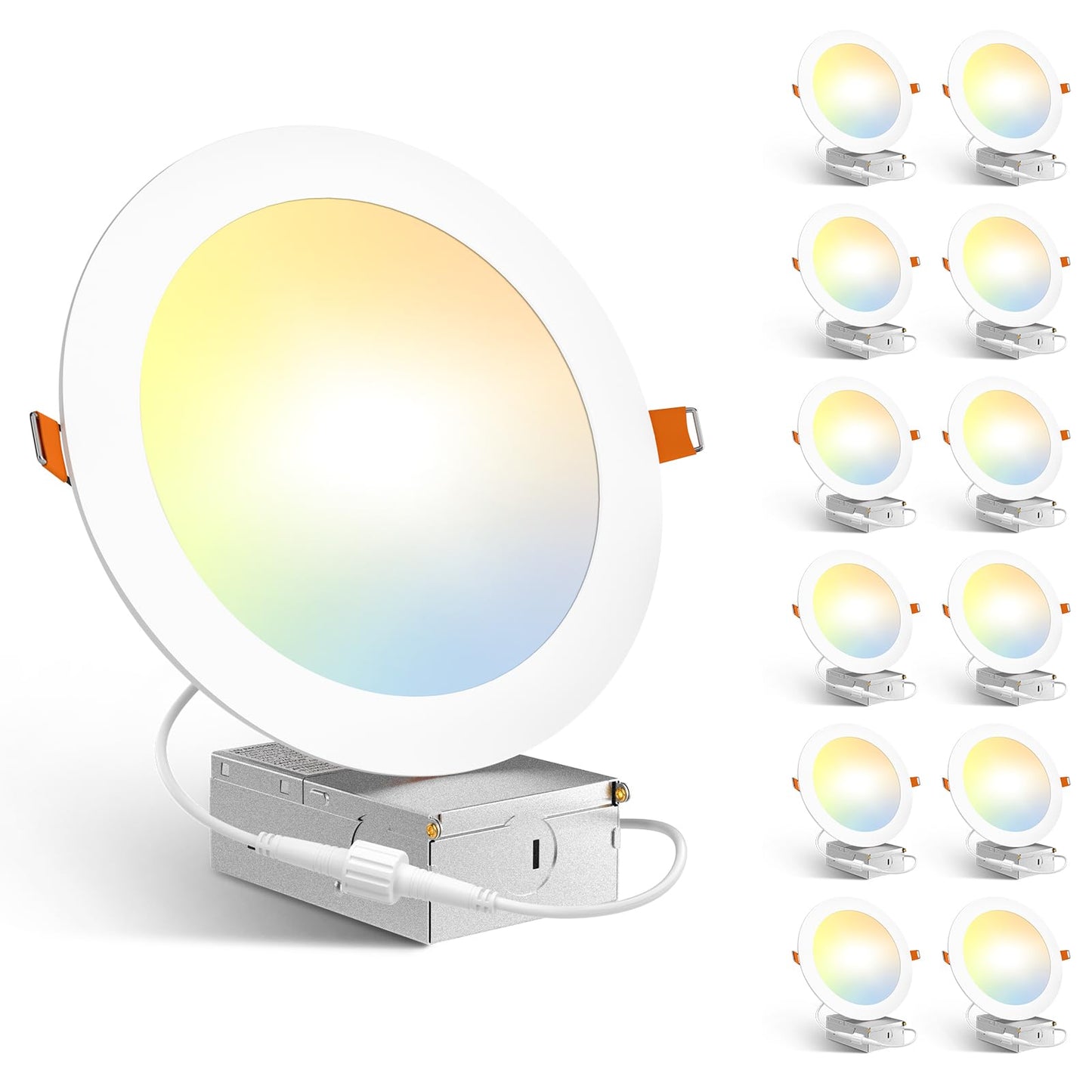Amico 12 Pack 7 Inch 5CCT Ultra-Thin LED Recessed Can/Ceiling Light with Junction Box, 1300LM High Brightness, Dimmable Wafer Downlight, 15W, ETL&FCC