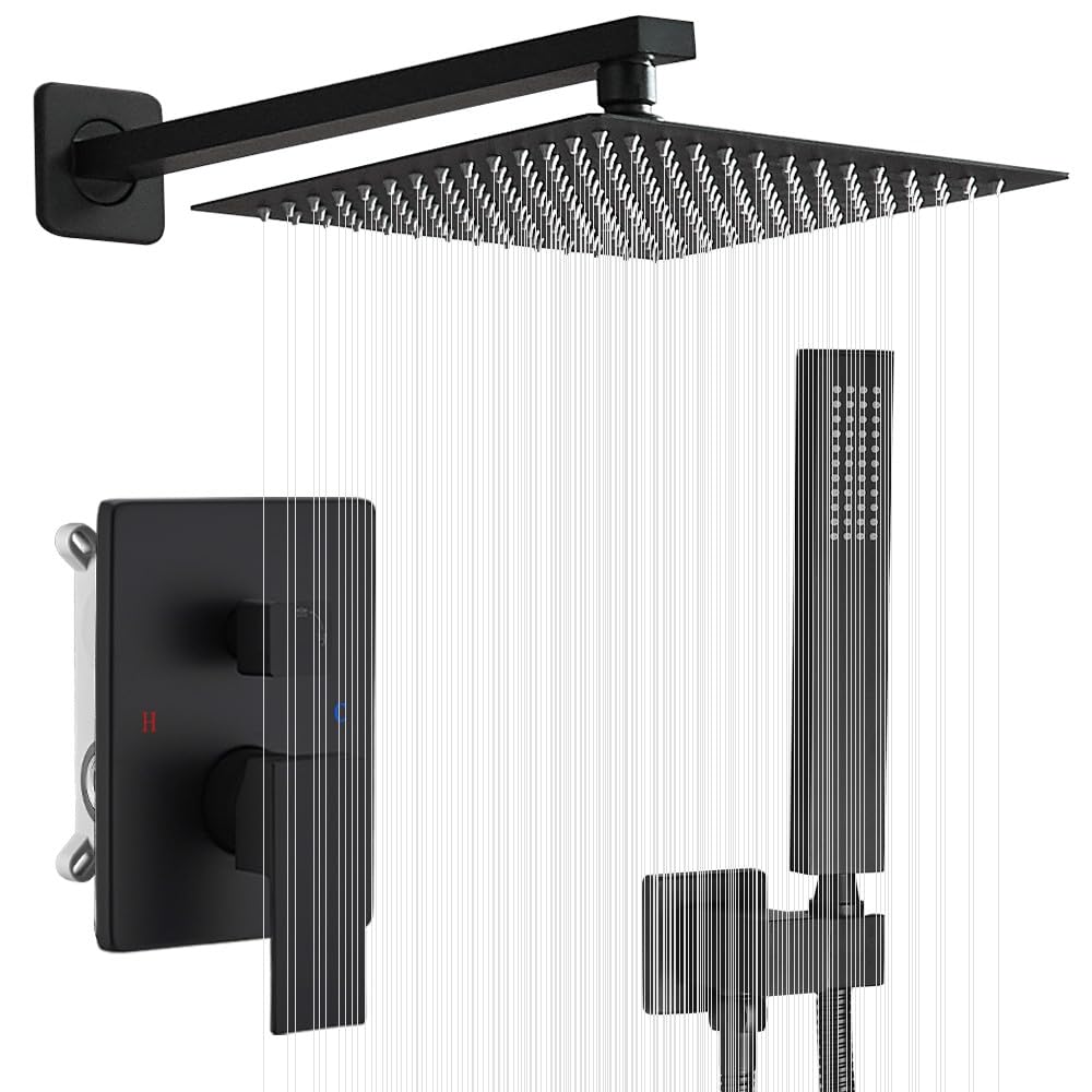 JingGang Matte Black Shower System 12 Inch Bathroom Luxury Rain Mixer Shower Combo Set Wall Mounted Rainfall Shower Head and Handheld System Shower Faucet Set Rough-in Valve Body and Trim Kit