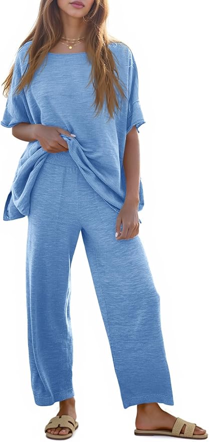Tankaneo Women's 2 Piece Travel Outfits Casual Short Sleeve Knit Sweater Set Wide Leg Pants Lounge Sets Tracksuit