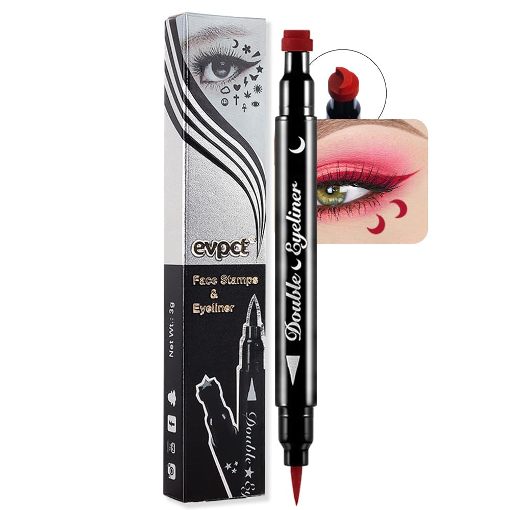 evpct 1Pcs 2-in-1 Red Colored Winged Eyeliners Stamp, Red Moon Face Stamps Makeup, Waterproof Eyeliner Eye Stamp Liners Tool Set