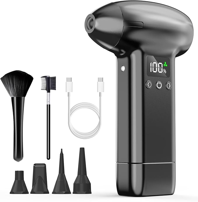 Upgraded Compressed Air Duster-300000RPM Ultra-Powerful Brushless Motor Electric Air Duster 30W Fast Charging &4 Light Modes,Rechargeable 3-Gear Adjustable Cordless Blower for PC,Keyboard,Car,Outdoor