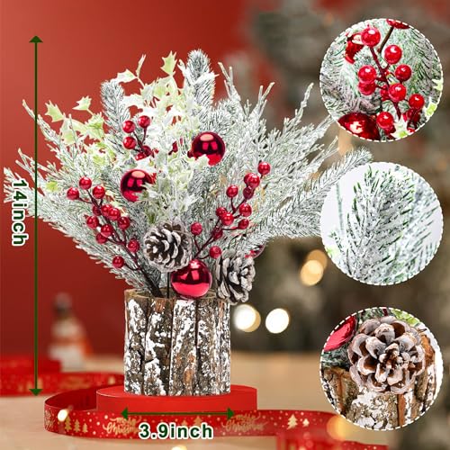 2 Pack Christmas Table Decorations, 14 Inch Christmas Centerpiece Small Potted Christmas Tree with Lights, Pine Cones and ...
