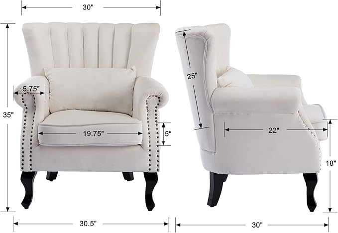 DM Furniture Velvet Accent Chairs Set of 2 with Arm Comfy Living Room Chair Mid-Century Modern Wingback Side Chair Single Sofa Couch for Bedroom Guest Room, Cream