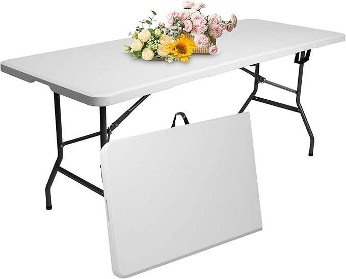 USEFULTEK 6 ft Foldable Plastic Table for Display, Camping, Party, Dining, Barbecue, Picnic with Carrying Handle - White