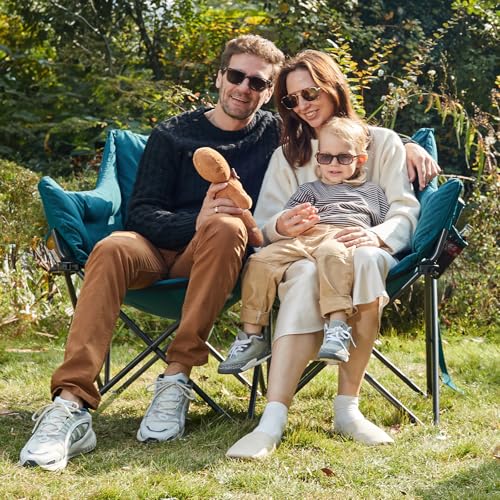 EVER ADVANCED Double Camping Chair for Adults, Padded Folding Camping Love Seat with Side Pocket Portable Camping Couch, T...