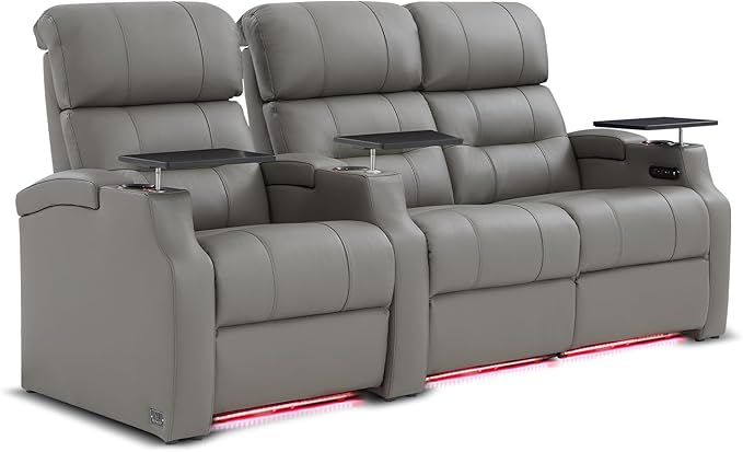 Weilianda Home Theater Seating, Top Grain Leather Sectional Seats Recliner Chair, Zero Gravity Reclining Sofa with Power Headrest 7 Colors Ambient Lighting USB C Charge Row of 3 Loveseat Right Grey