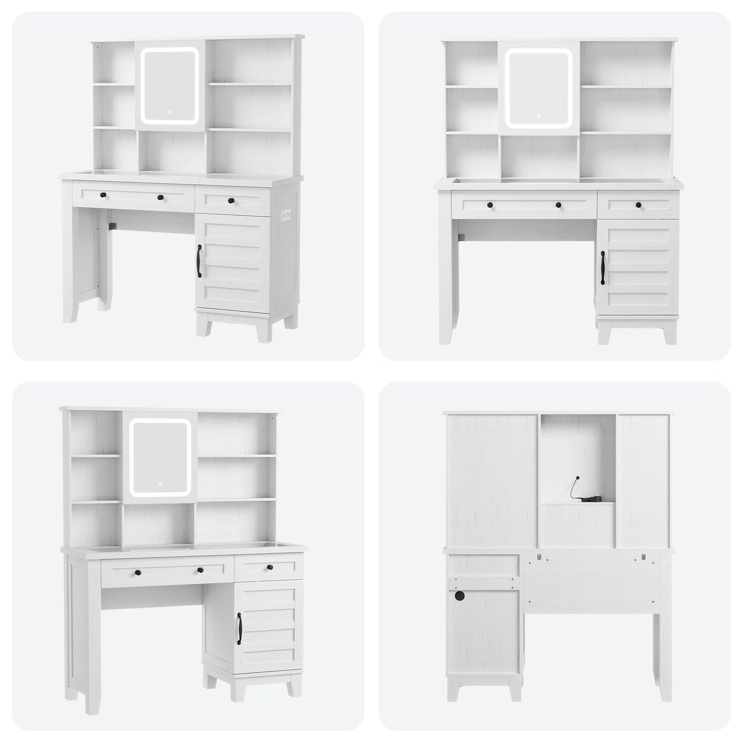 Farmhouse Makeup Vanity Desk,Makeup Vanity with Mirror and Lights & Power Outlet, Makeup Table with 2 Drawers and Cushioned Stool, Dressing Table with Glass Top for Bedroom Dressing Room, White