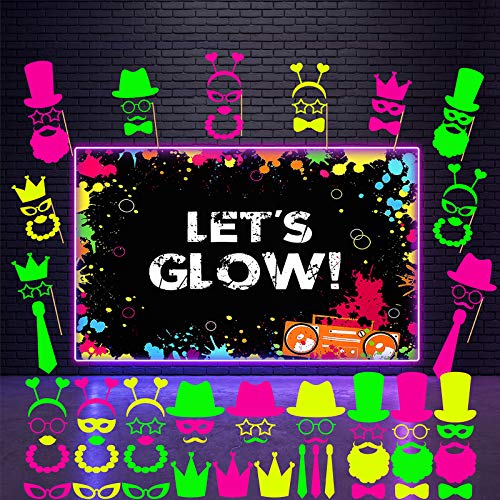 46 Pieces Glow Party Supplies Including Let's Glow Neon Banner Backdrop 45 Photo Booth Prop Fully Assembled Fluorescent Pa...