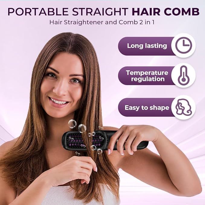 Go Brush Pro, 2026 Upgraded Cordless Hair Straightener Brush, Fast Heating Portable Hair Straightener Comb for Women Travel Essentials 3 Adjustable Temperature (Pink)