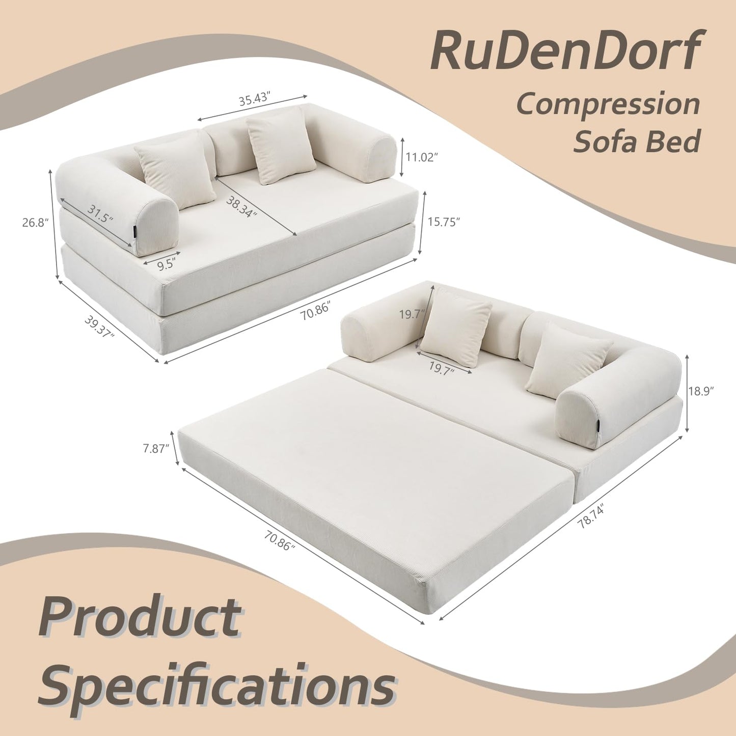 RuDenDorf Convertible Sleeper Sofa Bed - Compression Folding Sofa with Pillow, Floor Sofas Lounge Couch, No Assembly Required Floor Mattress Couch for Living Room, Bedroom, Small Spaces.