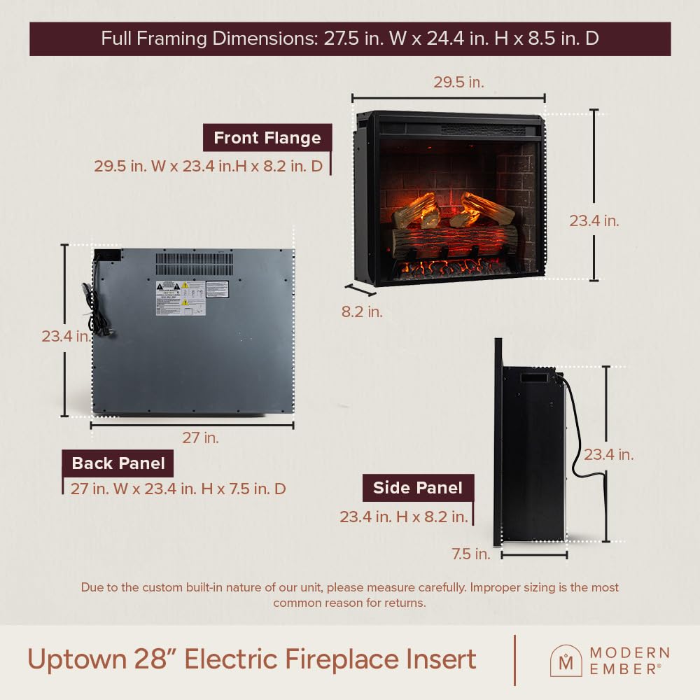 Modern Ember Uptown - Smart Home Electric Fireplace Insert, Electric Heater Heats up to 400 sq. ft., Wall Fireplace Electric with Remote Control for Heat Settings and Flame Colors, 28-inch