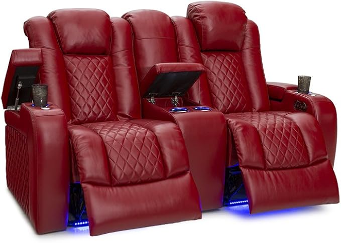 Seatcraft Anthem Home Theater Seating - Italian Leather - Power Recline Loveseat - Center Storage Console - Powered Headrests - Arm Storage - USB Charging - Cup Holders, Red