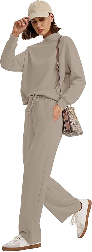 WIHOLL Two Piece Sets for Women Fall Outfits Lounge Sets Mock Neck Tops Wide Leg Pants Vacation Travel Airport Outfits