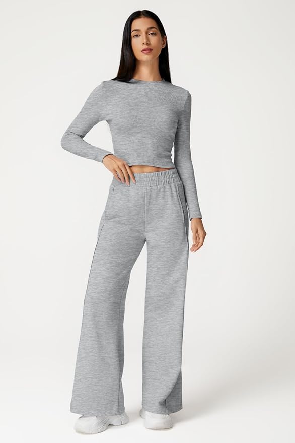 QINSEN Womens 2 Piece Sets Long Sleeve Slim Fit Crop Tops Wide Leg Pants Matching Lounge Set