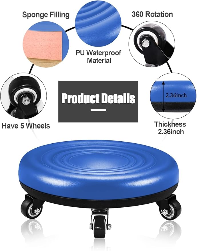 Lanstics Low Roller Seat Wheel Stool Chair PU Leather Rolling Stool Seats on Wheels for Home Office Fitness Round Roller Seat Stool (Blue)