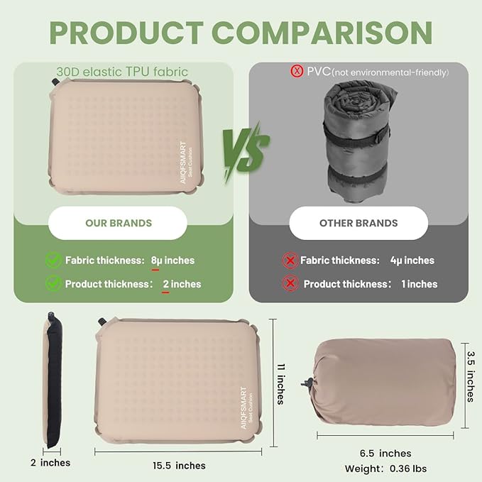 Self-Inflating Seat Cushion,Memory Foam,Stadium Bleacher Airplane Travel Backpacking Camping Long Sitting Office Wokers Car Drivers,2 inches thick,Portable soft durable 210T TPU fabric,Beige+black
