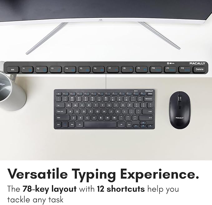 Macally Small Wireless Keyboard and Mouse Combo - Quiet Productivity Duo - 2.4G Wireless Keyboard Mouse for PC - 78 Key Mini Keyboard and Mouse with Slim Body, Click Buttons, and 3 DPI Modes