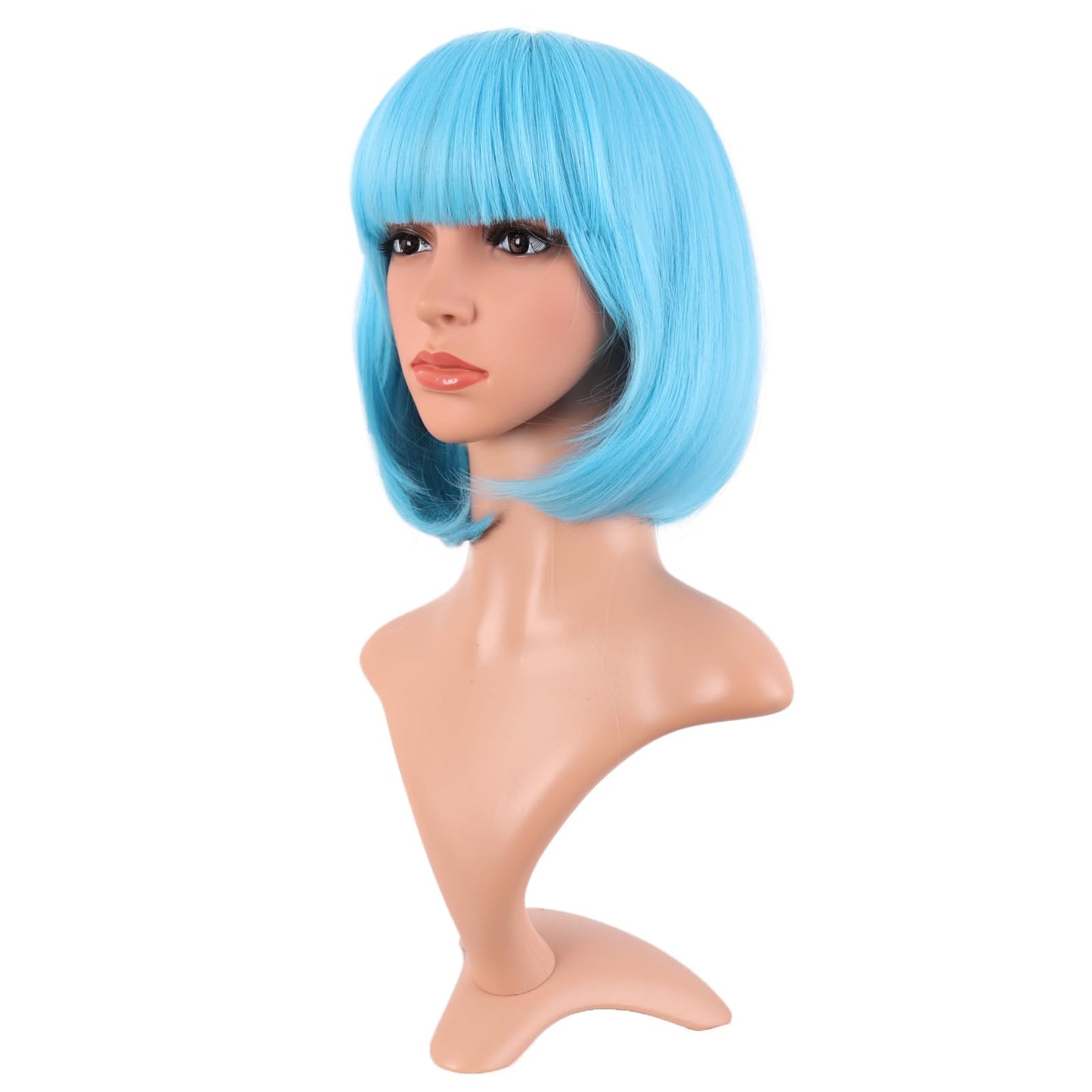 MapofBeauty 12 Inch /30 cm Fashion Lady Short Straight Synthetic Flat Bangs Bob Wig (Light Blue)