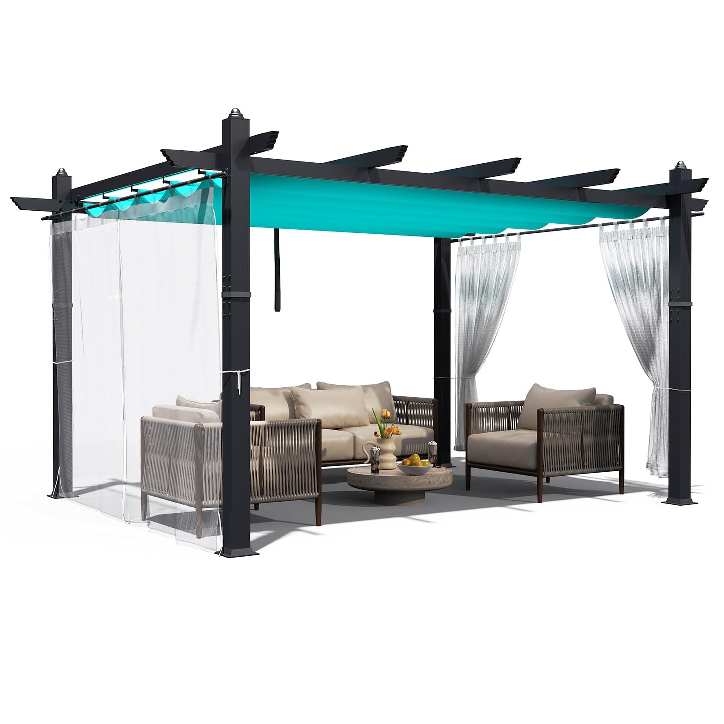 10x13 Ft Aluminum Pergola with Retractable Canopy and Netting, Modern Outdoor Patio Shade Shelter with Wood-Look Frame, Ideal for Backyard, Deck, or Porch