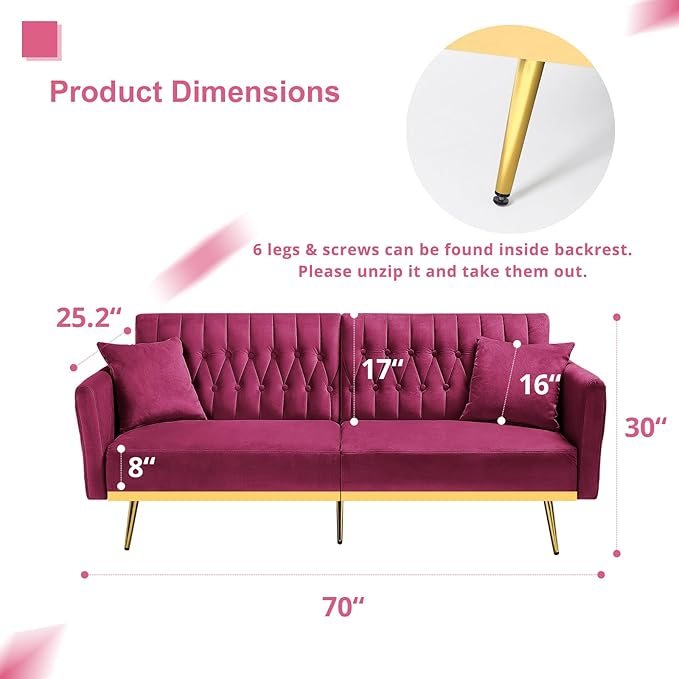 ACMEASE 70” Velvet Futon Sofa Bed with 2 Pillows and Adjustable Armrests, Convertible Sleeper Bed W/Adjustable Backrests, Modern Loveseat for Living Room, Bedroom, Fuchsia