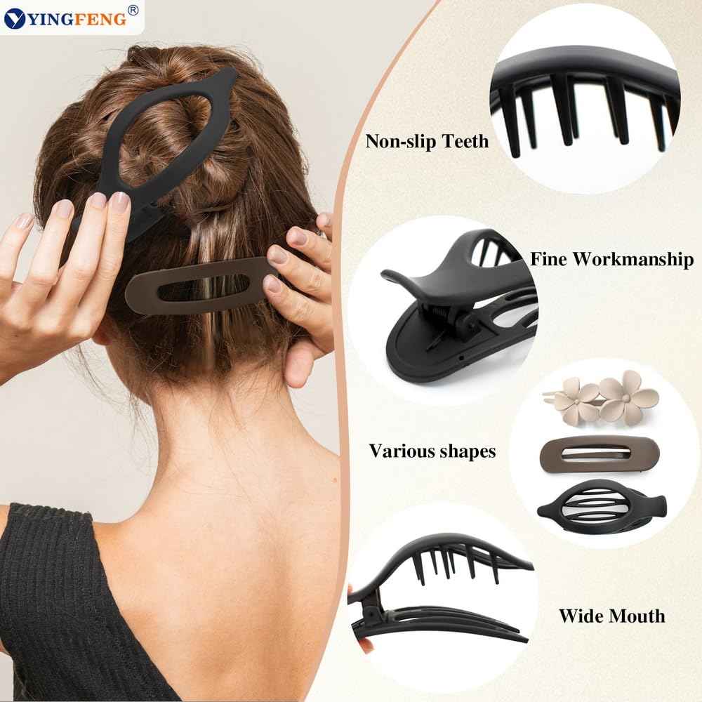 12 Pcs Neutral Colors Flat Hair Clips, YINGFENG Flat Claw Clip for Women, Matte Non-Slip Flower Claw Clips for Thin Thick Hair,