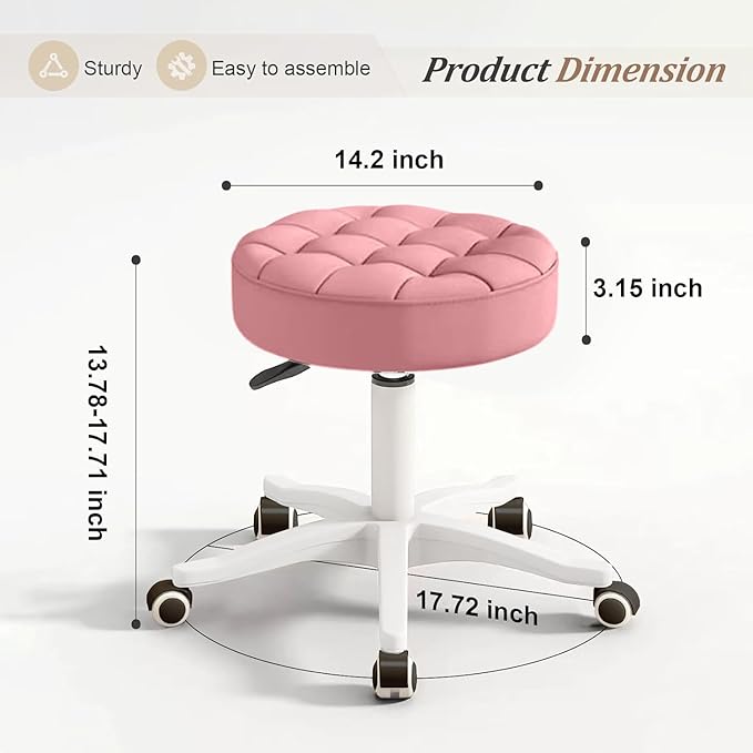 JPBSTO Small Rolling Stool with Wheels, PU Leather Height Adjustable Vanity Work Task Stool, 360 Swivel, Padded Seat Cushion, for Salon, Home, Office