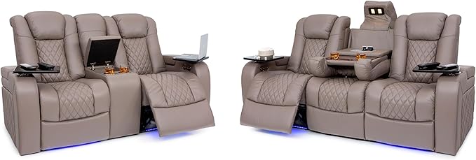 Seatcraft Anthem Italian Leather Sofa w/Fold-Down Table & Loveseat w/Storage Console, Living Room, Power Headrest, Power Recline, Gray