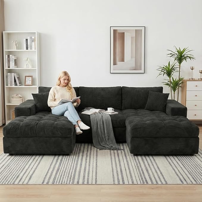 NAYA 106” Modular Sectional Sofa, Cloud Sectional Couch with Deep Seat, Modern Modular L-Shape Sofa Boneless Couch with Chaise for Living Room Bedroom (Black, Cloudy U-Shaped Minimalist Sofa)