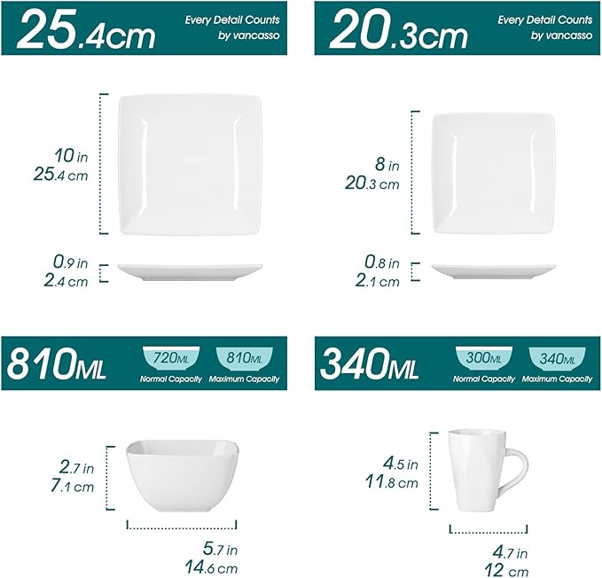 vancasso Soho Dinnerware Sets 24 Pieces, White Stoneware Square Place Setting, Dinner Plate, Dessert Plate, Cups and Plates Sets for Kitchen, Dish Set for 6, White