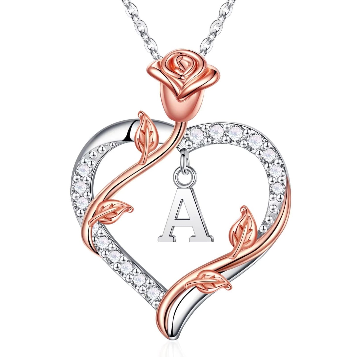 Iefil Sterling Silver Necklace for Women, Dainty Rose Love Heart Initial A Letter Pendant Necklace Jewelry Gifts for Mom Wife Girlfriend Birthday Anniversary