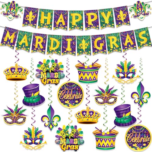 34Pcs Mardi Gras Party Decorations, Mardi Gras Banner and Masquerade Hanging Decorations, Mardi Gras Party Supplies Banner...