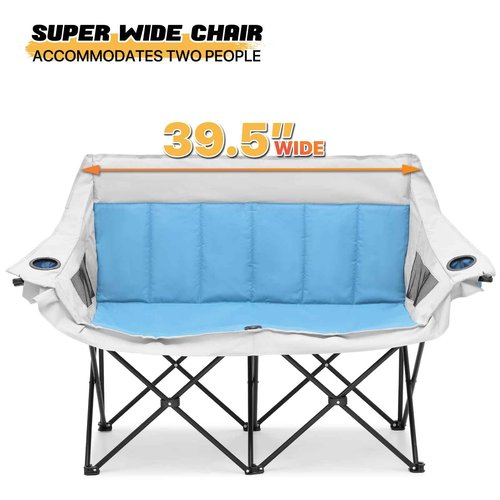 MoNiBloom Collapsible Double Camping Loveseat Chair Outdoor Beach Lawn Picnic Hiking Travel Portable Foldable Collapsible 2-Person Love Seat Camp Chair for Adults (Sky Blue and Light Gray)