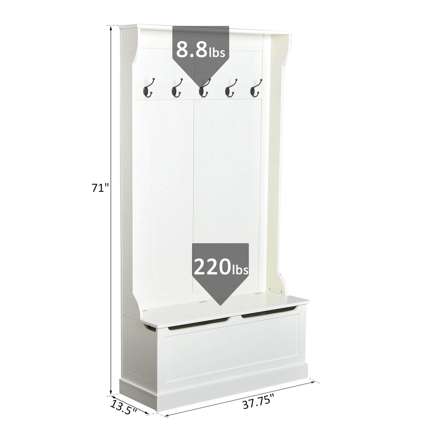 HOMCOM Hall Tree with Bench and Shoe Storage, 3-In-1 Entryway Bench with Coat Rack, 5 Hooks and Flip Top Storage Compartment, Cream White