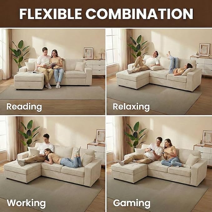 NAYA 106” Modular Sectional Sofa, Cloud Sectional Couch with Deep Seat, Modern Modular L-Shape Sofa Boneless Couch with Chaise for Living Room Bedroom (Beige, Cloudy Sofa with Right Facing Chaise)