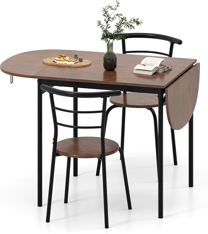 GOFLAME 3-Piece Drop Leaf Dining Table Set, Extendable Kitchen Breakfast Table with 2 Chairs, Space Saving Folding Dining ...