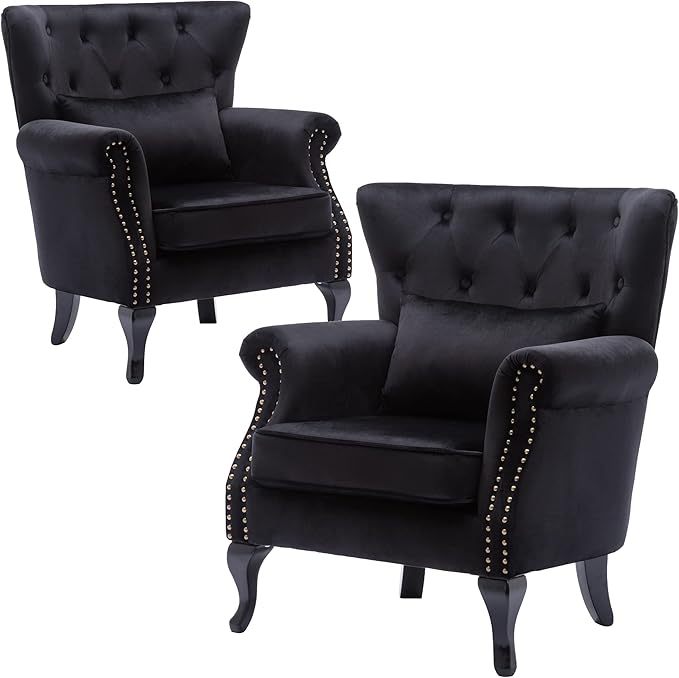 DM Furniture Set of 2 Mid-Century Modern Accent Chair, Velvet Armchair w/Tufted Back/Wood Legs, Upholstered Lounge Arm Chair Single Sofa for Living Room Bedroom, Black