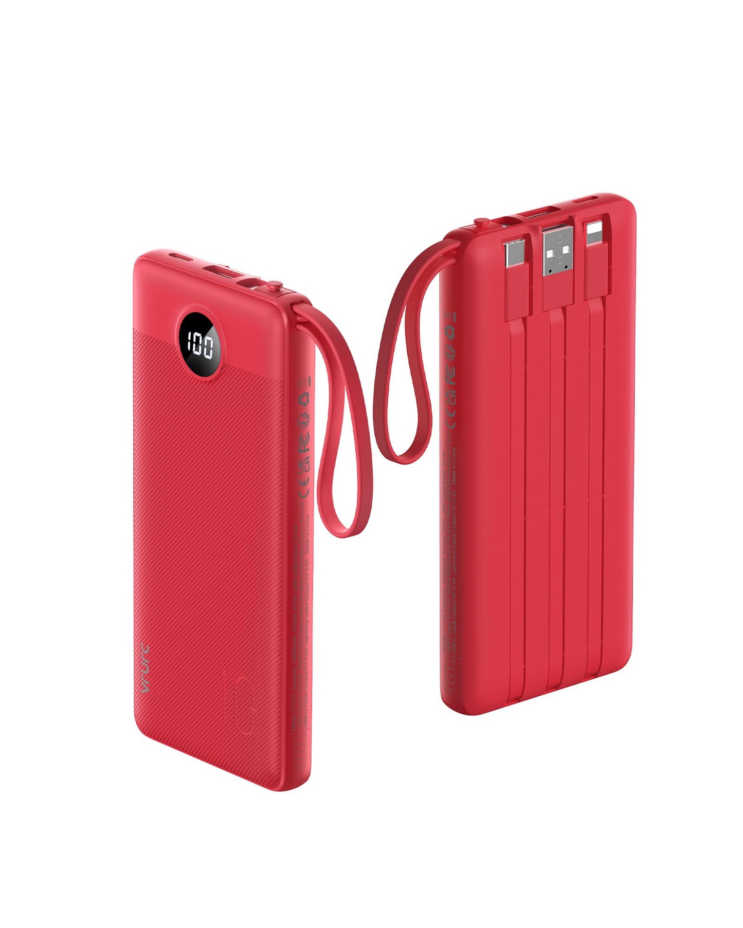 Vrurc Portable Charger, 10000Mah Power Bank Built In Cables For Iphone, Slim Compact Travel Essentail, 5 Outputs 2 Inputs Usb C