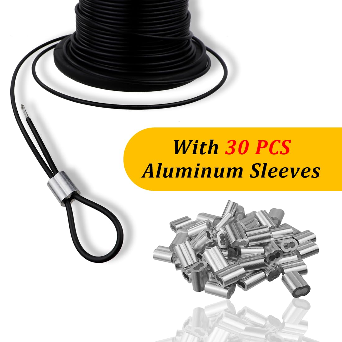 304 Stainless Steel Wire Rope Cable 3/32, Black Vinyl Coated - Outdoor Light Guide Wire for String Lights, Clotheslines - 1/16 Inch Overmolded to 3/32 Inch, 100ft