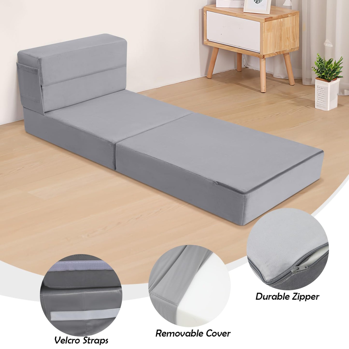 MeMoreCool Foldable Futon Chair Bed Sleeper for Adults, Single Folding Mattress 6 Inch, Fold Out Couch Bed with Pillow, Convertible Foam Floor Sofa Sleeping Tri Fold Mattress Chair (Grey)