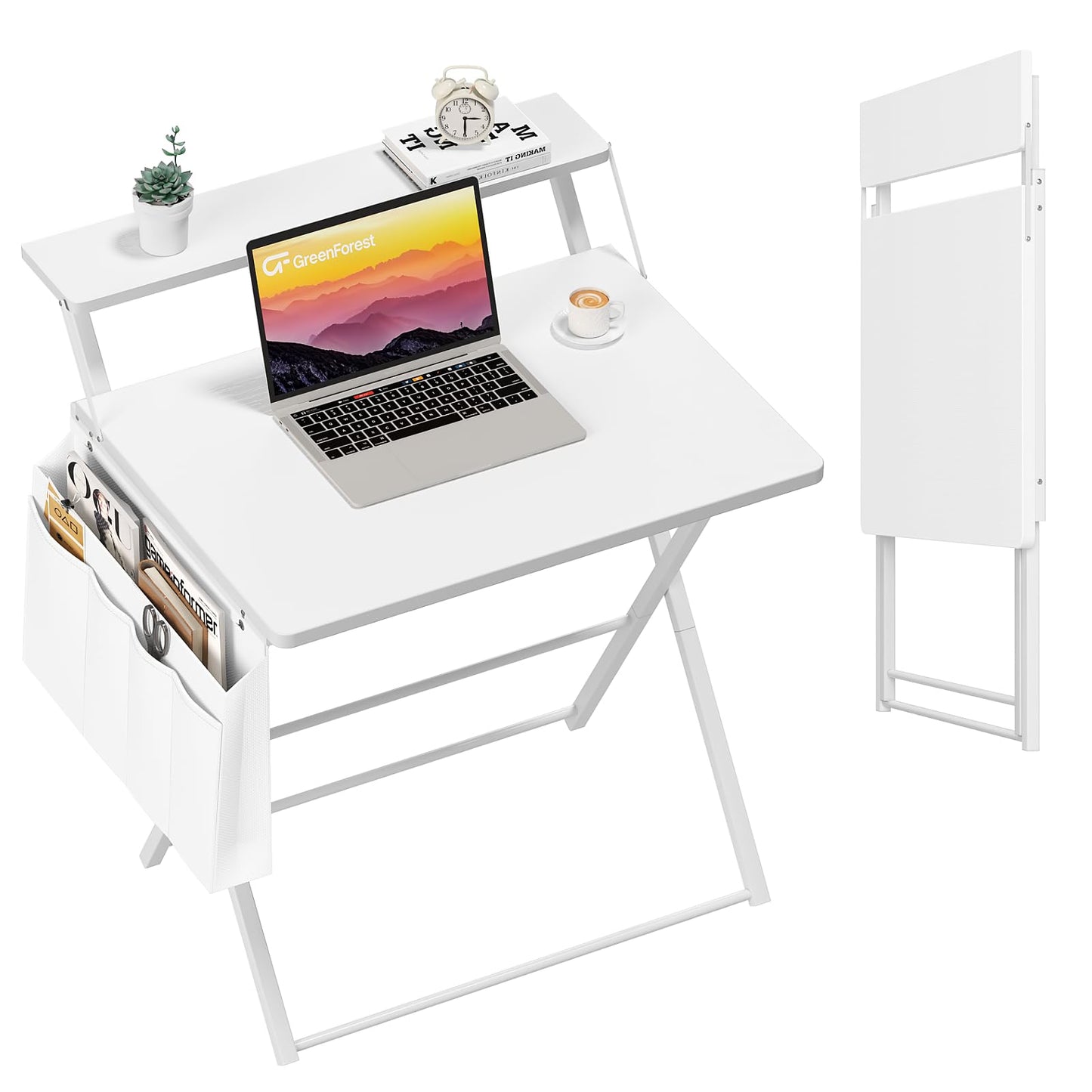 GreenForest Folding Desk for Small Spaces, 31.5 inch Foldable Table with Storage Bag, 2-Tier Portable Computer Desk with Monitor Stand for Home Bedroom, Pure White