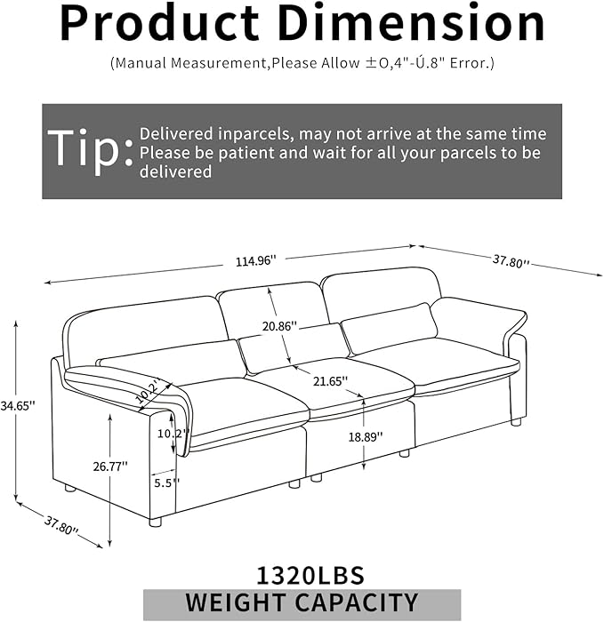 Cloud Sectional Couch, Down Filled Couch, Modular Couches Sofa for Living Room, Minimalist Deep Seat Modern Couches,Sofa Cover Removable,Chenille Fabric (115" 3 Seat)