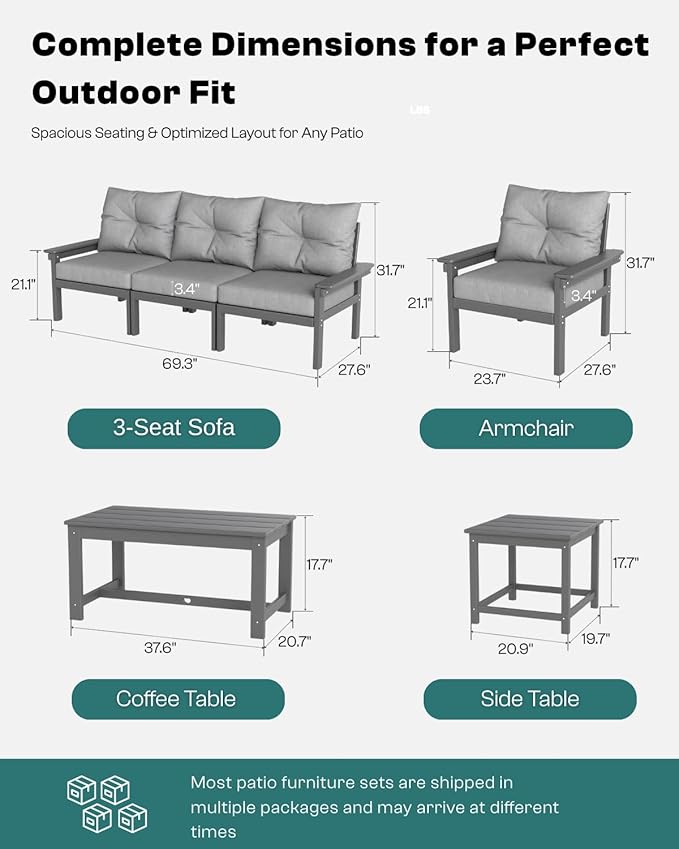 HDPE 7 Piece Patio Furniture Set, All-Weather Outdoor Couch Bistro Set with Hick Cushions & Umbrella, Patio Conversation Sets for Lawn, Garden, Porch, Balcony, Deck, Poolside, Grey
