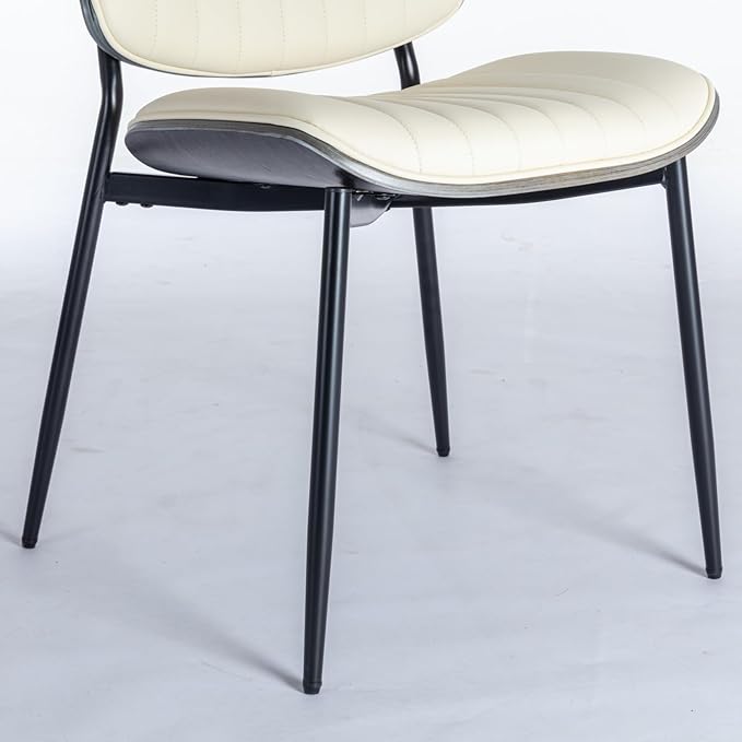 YaFiti Dining Chairs Set of 4, Mid Century Modern Accent Dining Room and Kitchen Chairs, Upholstered PU Leather Vertical Stripe Chairs for Vanity with Walnut Bentwood and Metal Legs, Beige