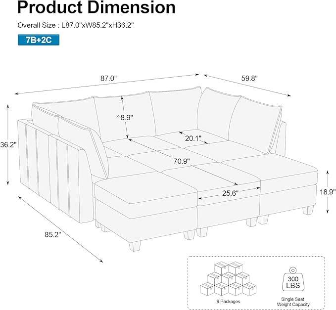 Belffin Modular Sectional Sofa Bed with Storage, 9-Seater Velvet Reversible Sleeper Couch for Living Room, Black
