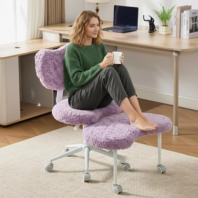Cross Legged Office Chair with Wheels–360°Swivel Meditation Chair, Adjustable Height Yoga Office Chair for Adults, Ergonomic Kneeling Chair with Back Support for ADHD, Faux Fur, Violet
