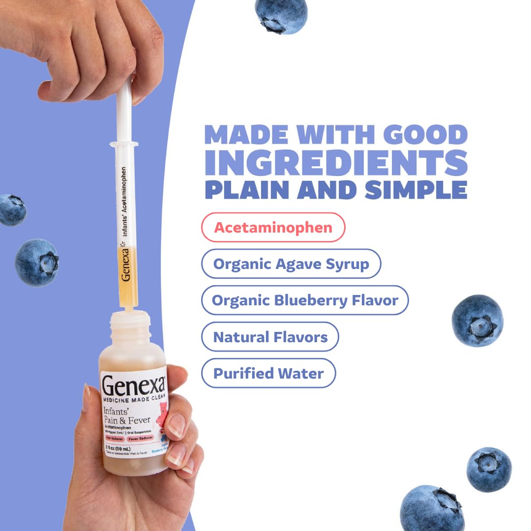 Genexa Infants' Clean Acetaminophen | Pediatrician Preferred Ingredients | Pain Reliever & Fever Reducer for Babies | Dye Free, 0% Artificial Additives | Organic Blueberry Flavor, 4 fl oz (2 Pack)