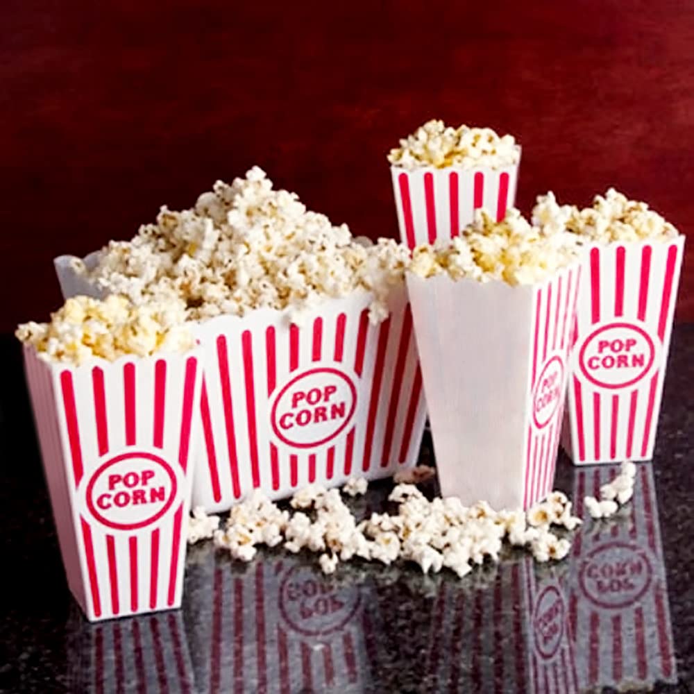 Novelty Place Plastic Red White Striped Classic Popcorn Containers for Movie Night - 7.8 inch Tall x 3.8 inch Square (4 Pack)