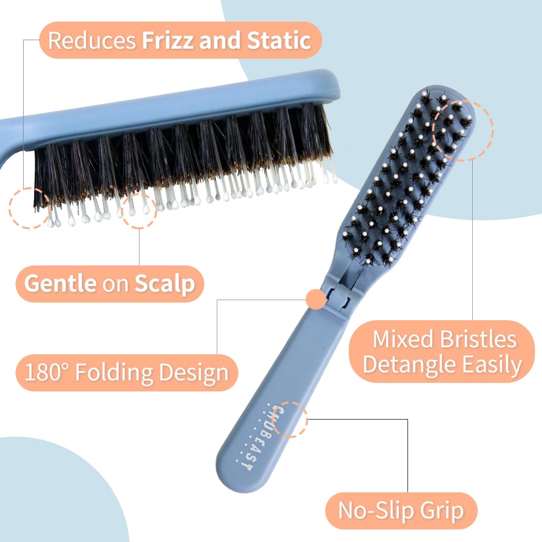 Uffy MiniPop Travel Hair Brush - Mini Folding Boar Bristles for Women, Men & Kids | Kid-Friendly Portable Purse Brush for Wet &