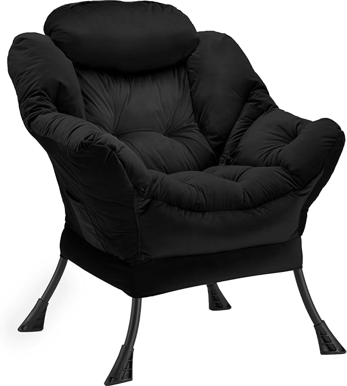Youtanic Lazy Chair Thick Padded, Comfy Velvet Accent Lounge Chair with Stable Frame, Leisure Sofa Armchair with Armrests and Side Pocket, Reading Chair for Bedroom, Living Room, Office, Black